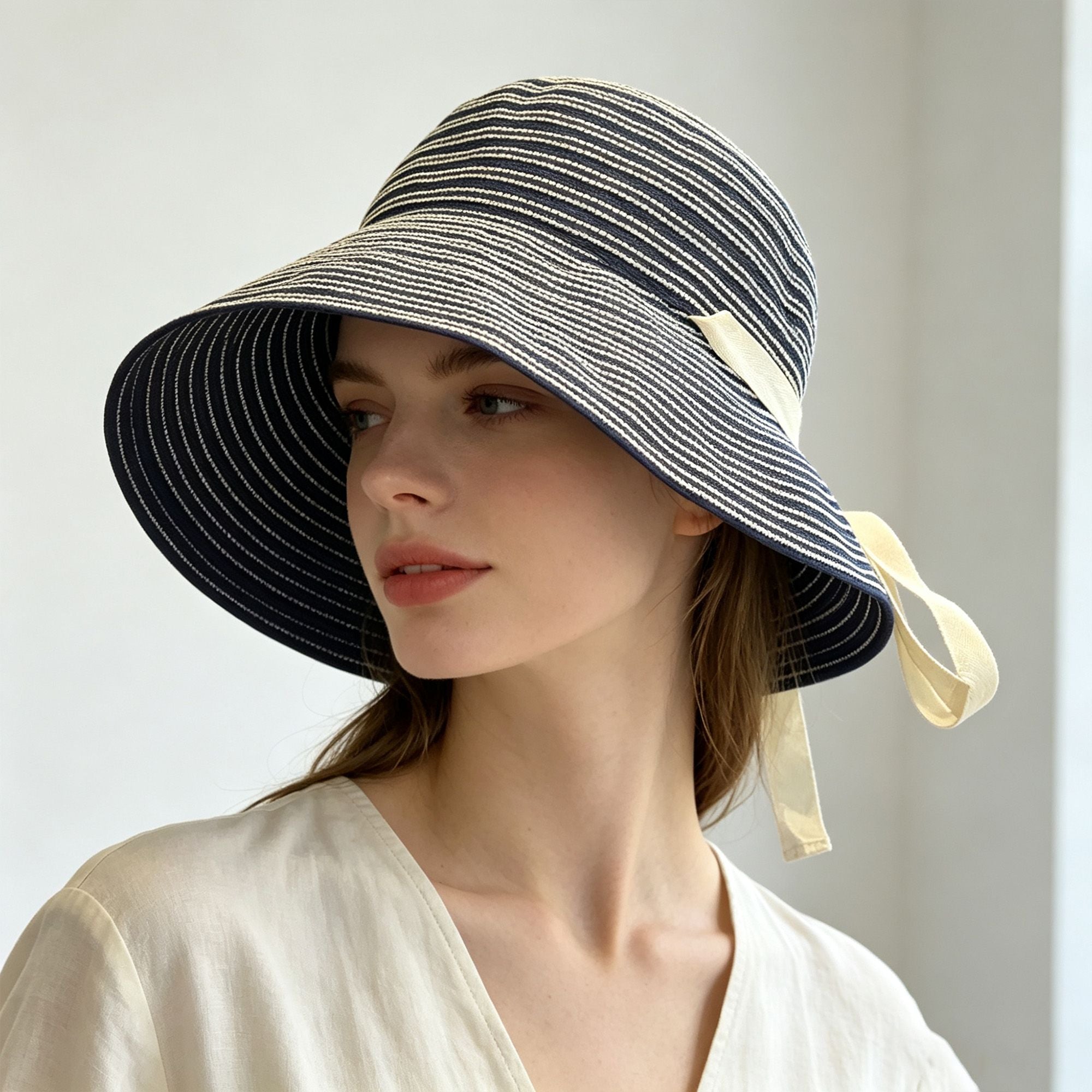 Striped Wide Brim Sun Hat with Tie Back