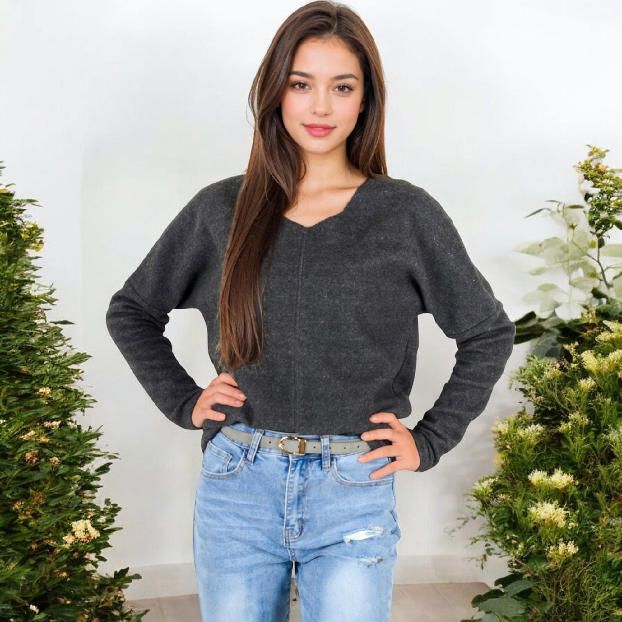 Anna-Kaci Women's Long Sleeve V-Neck Tunic Sweater with Seam Detail