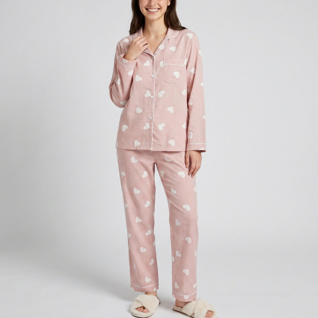 Anna-Kaci Lounge Women's 2-Piece Set Heart Print Button Front Pajama Top and Straight Leg Lounge Pants