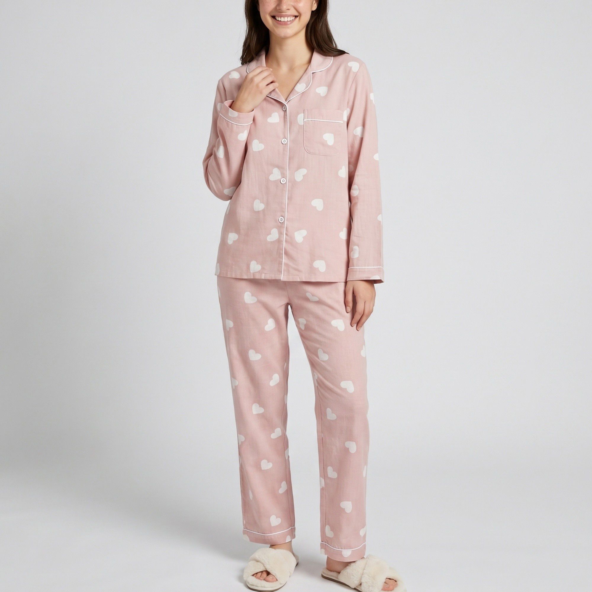 Anna-Kaci Lounge Women's 2-Piece Set Heart Print Button Front Pajama Top and Straight Leg Lounge Pants