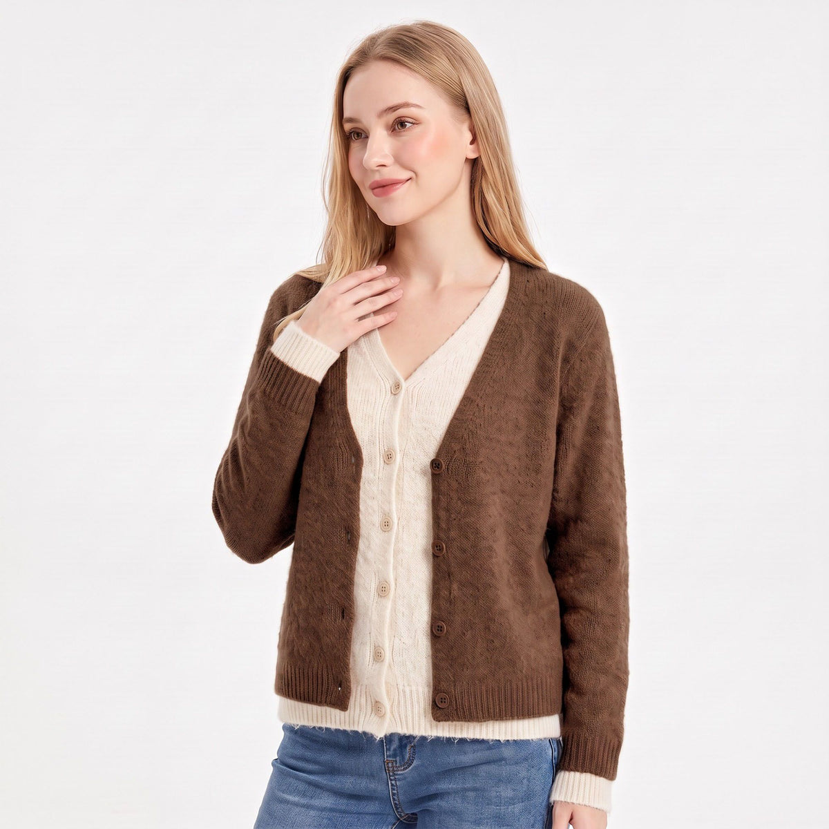 Contrast Trim Layered V Neck Button Front Cardigan
