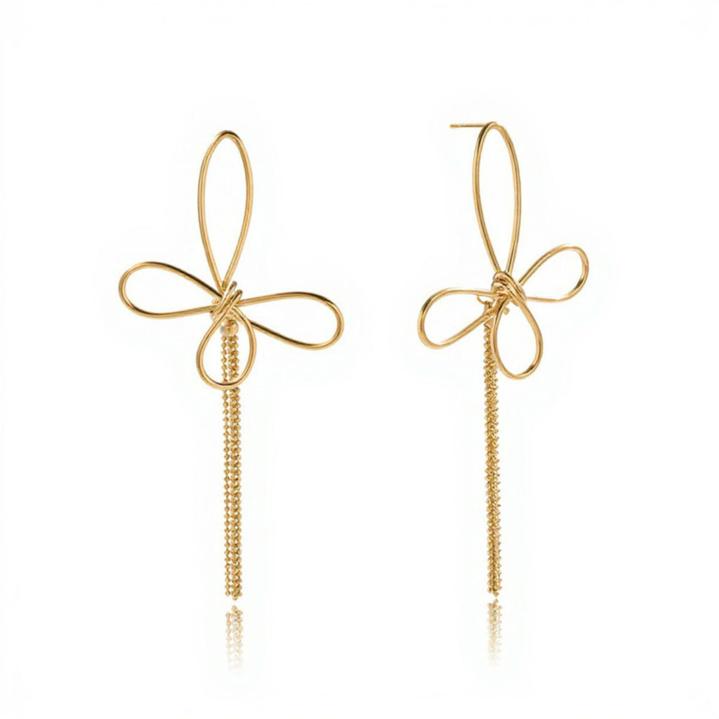 Women's Delicate Wire Bow Drop Earrings with Sculpted Loop Design and Sleek Chain Tassel Accent for Modern Elegance