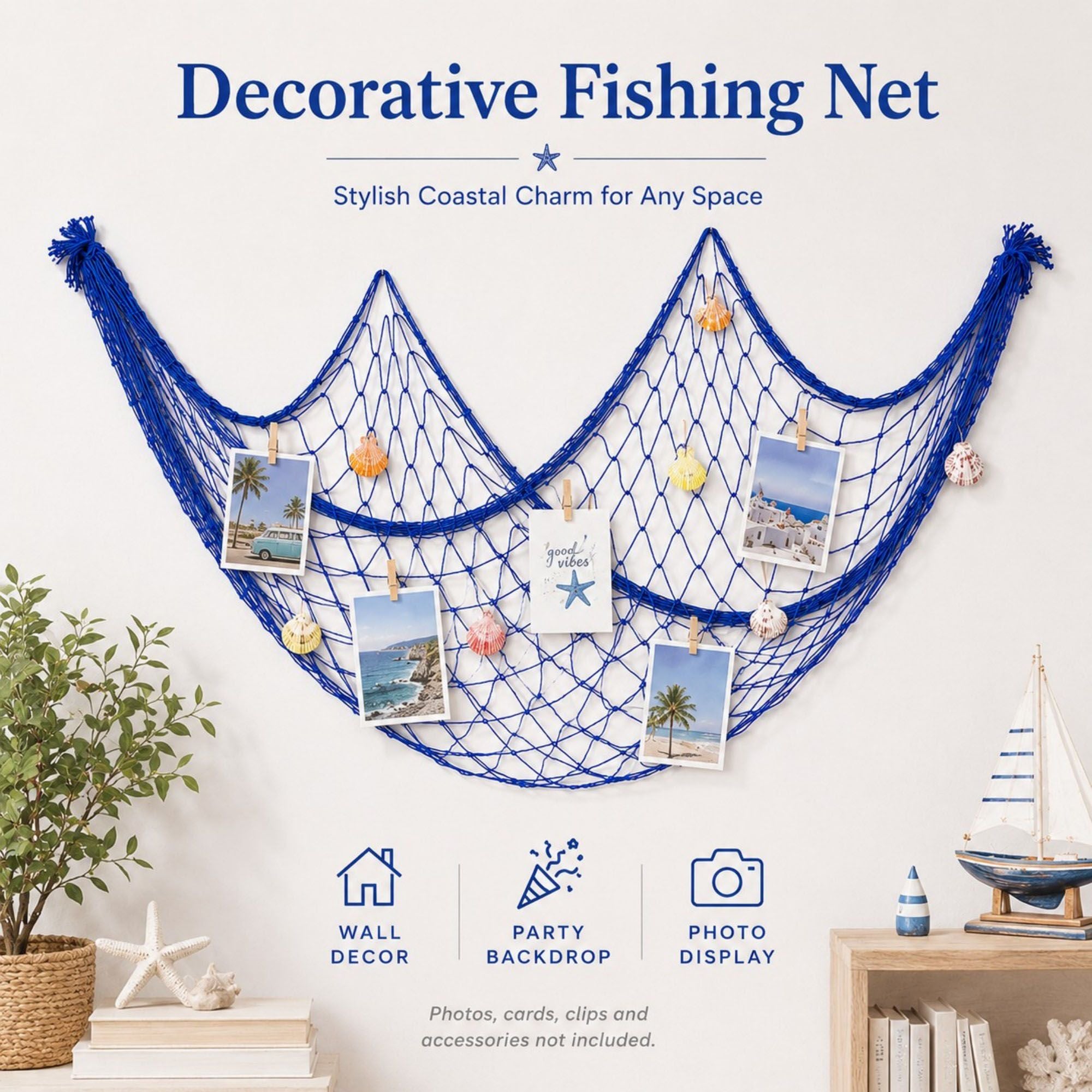 Decorative Fishing Net Wall Hanging Nautical Coastal Photo Display Decor