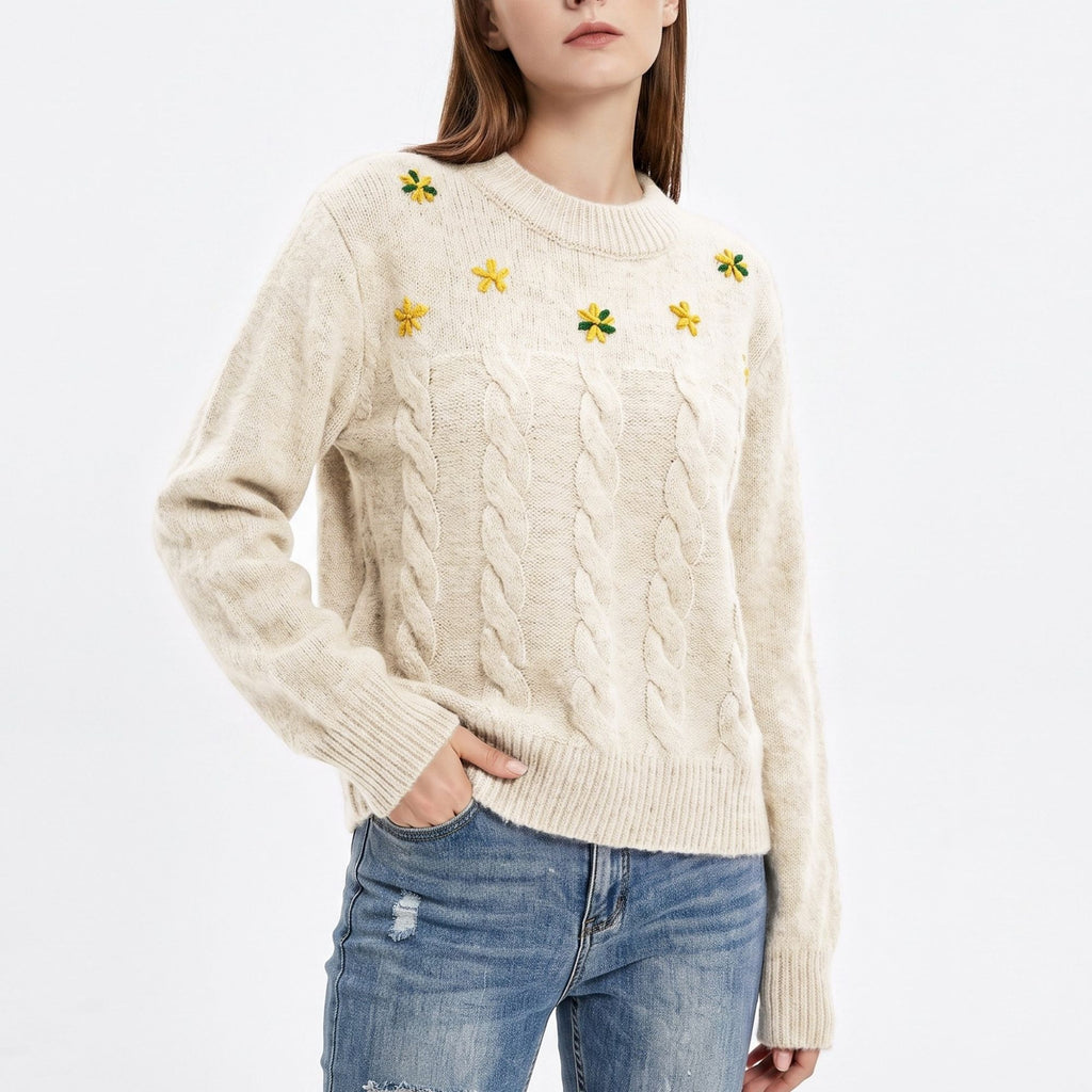 Floral Embroidered Cable Knit Crewneck Sweater