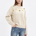 Floral Embroidered Cable Knit Crewneck Sweater