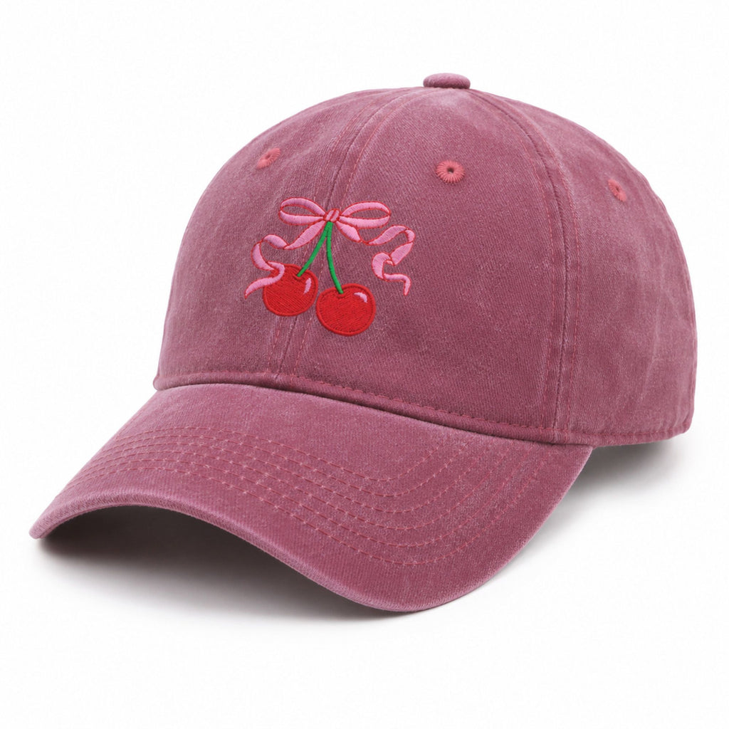 Washed Cotton Baseball Cap Cherry Bow Embroidered Adjustable Dad Hat