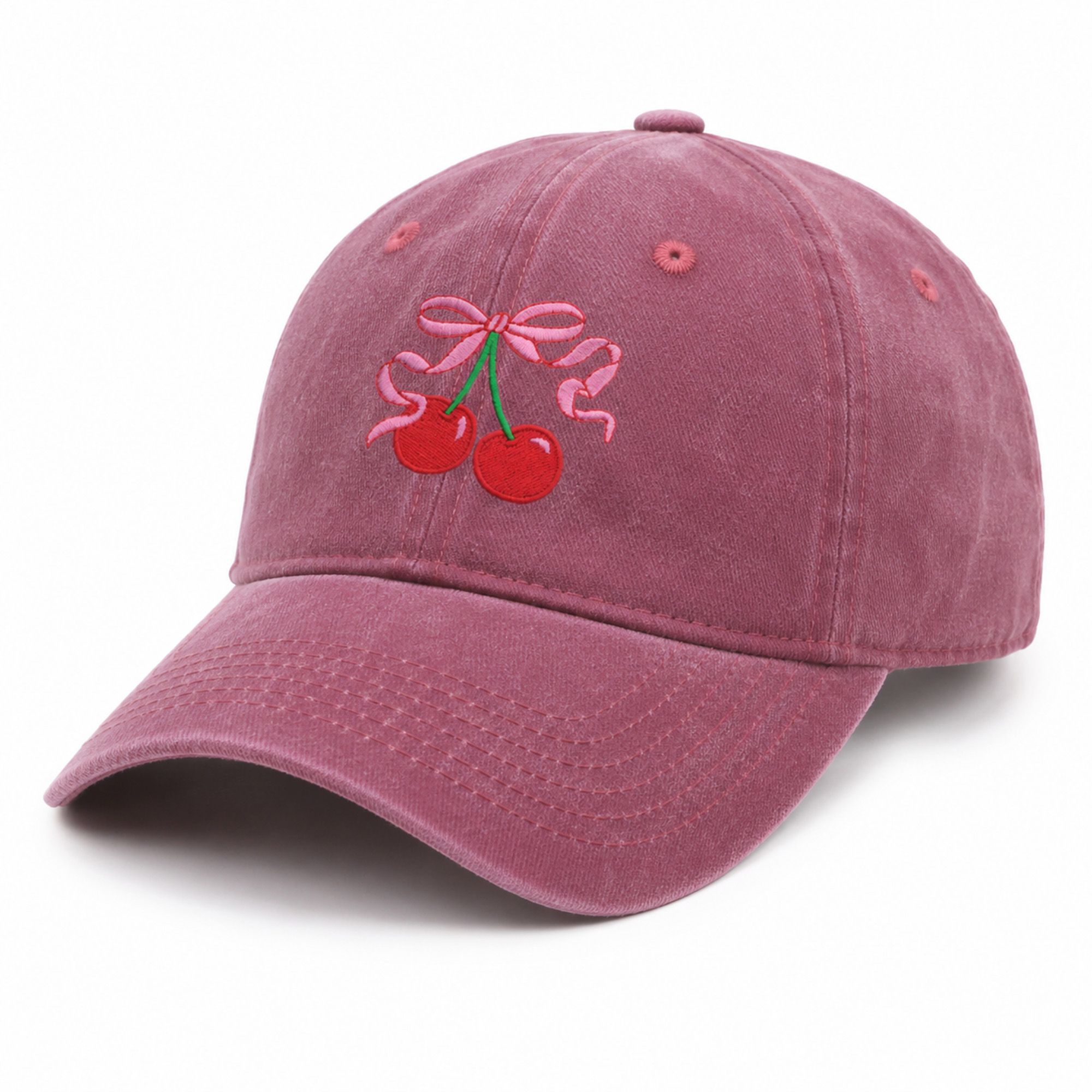 Washed Cotton Baseball Cap Cherry Bow Embroidered Adjustable Dad Hat