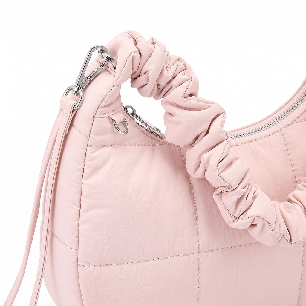 Quilted Crescent Shoulder Bag with Ruched Handle and Detachable Crossbody Strap 10.5x4x6in