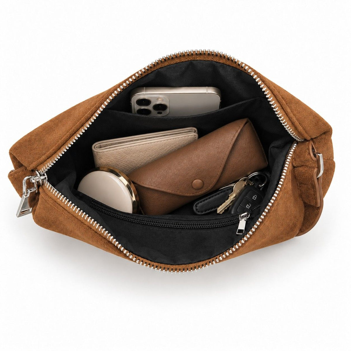 Faux Suede Hobo Shoulder Bag with Zip Closure and Interior Pockets
