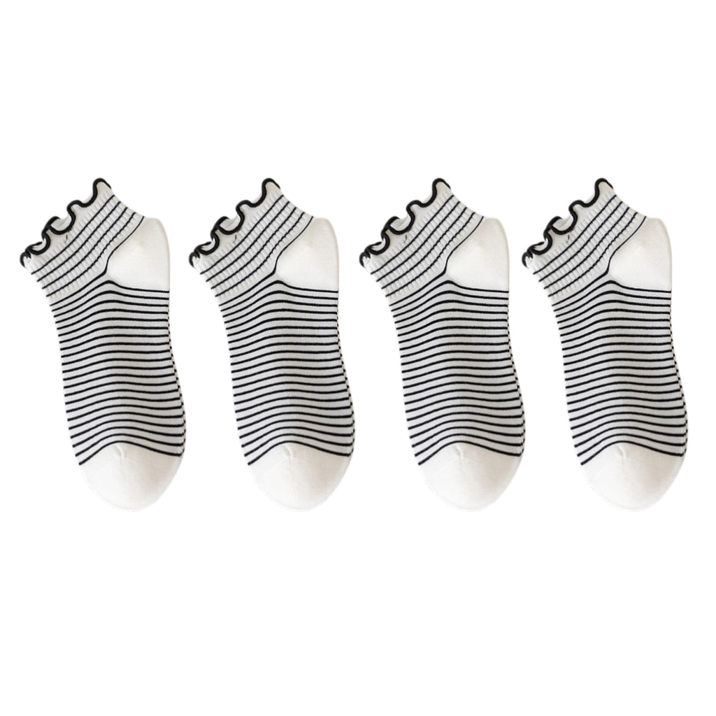 Anna-Kaci 4 Pairs Ankle Socks with Ruffle Trim Cuff Featuring Cherry, Grid, Stripe, and Polka Dot Designs