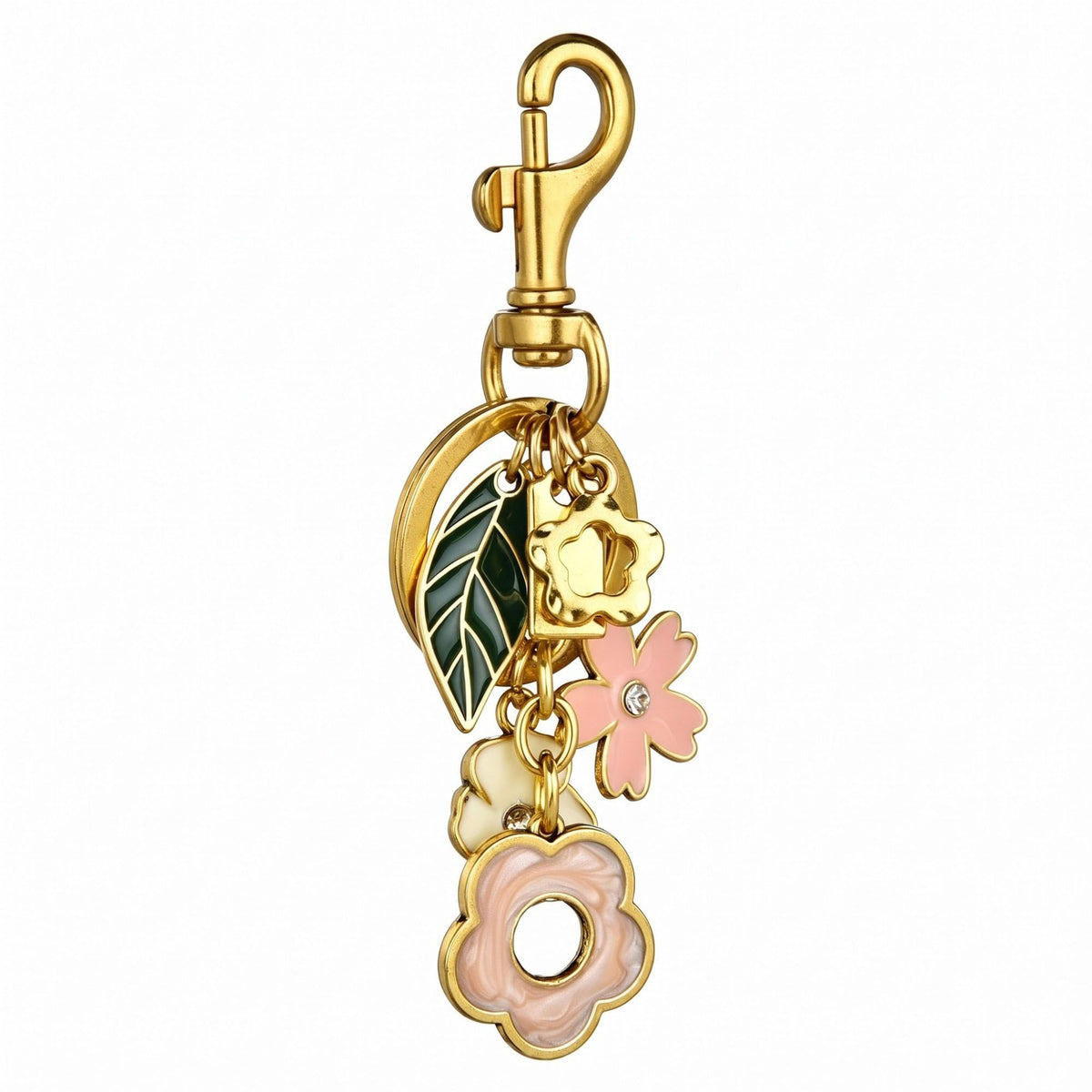 Floral Bag Charm Keychain with Leaf and Flower Pendants