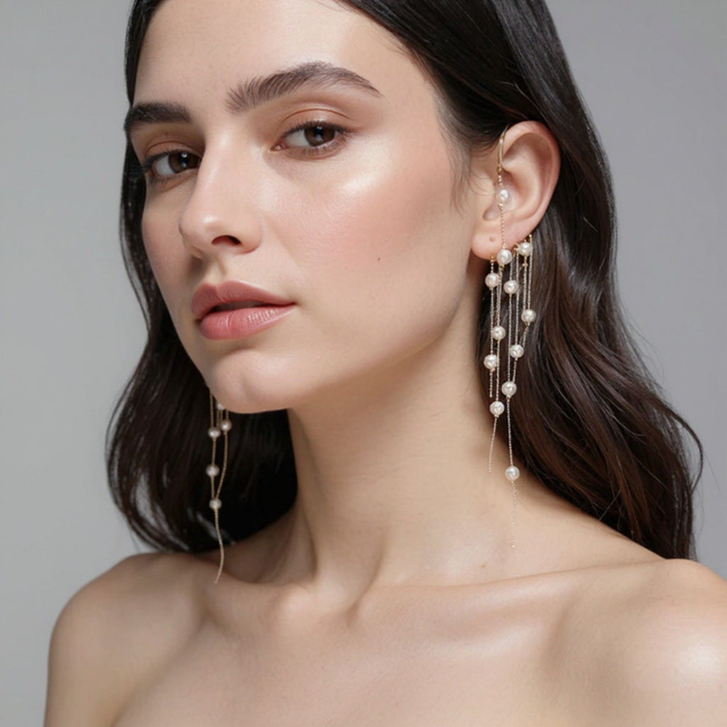 Women's Gold Tone Ear Cuff Drop Earrings with Layered Chains and Simulated Pearl Dangles