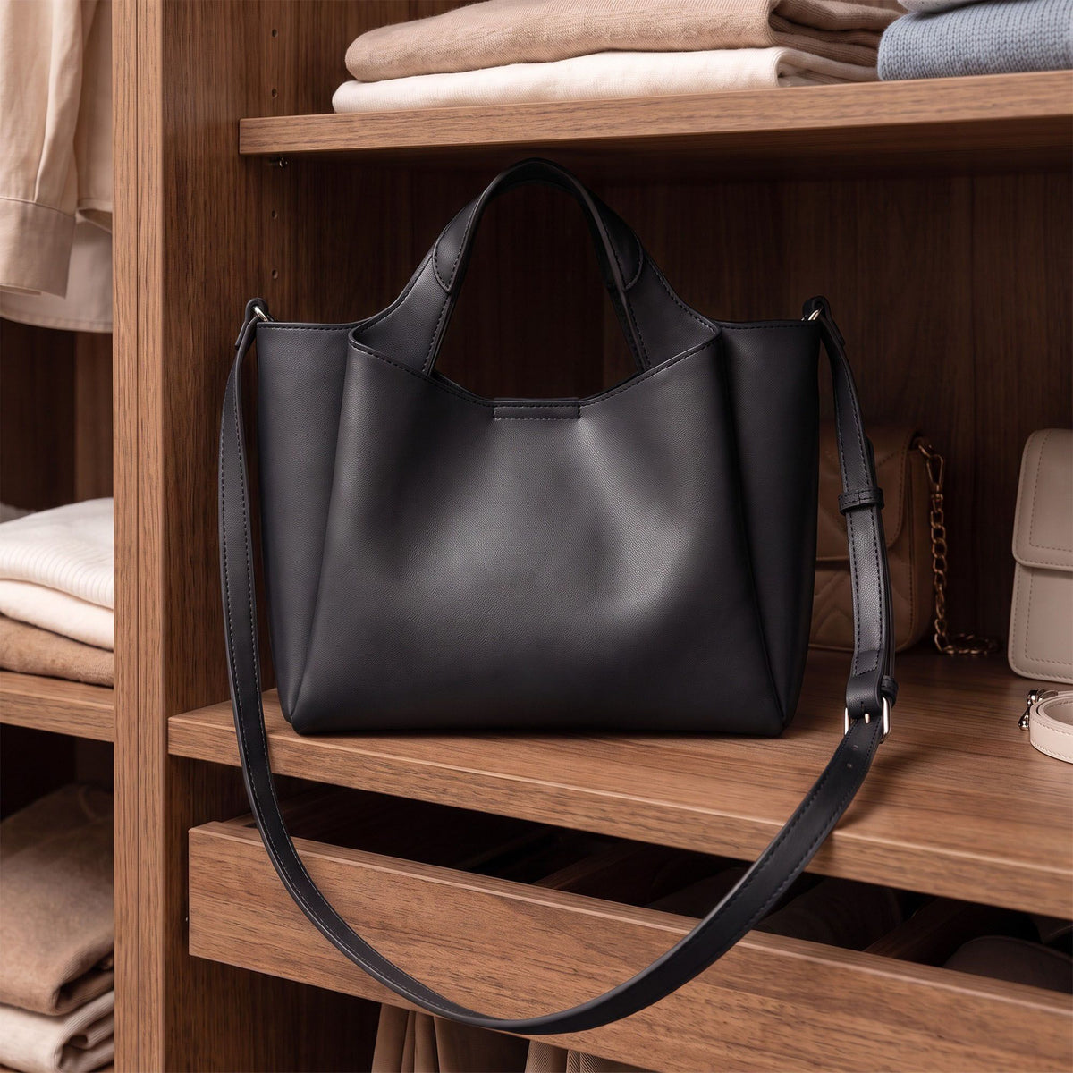 Structured Tote Handbag with Top Handles and Detachable Shoulder Strap