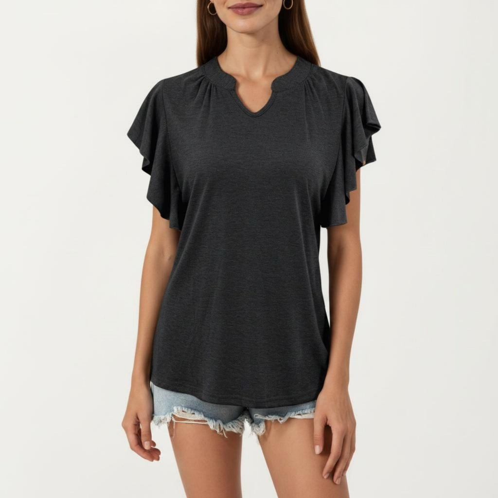 Anna-Kaci Women's Short Sleeve Top with Flutter Ruffle Sleeves and Split V Neck Relaxed Fit Casual Shirt