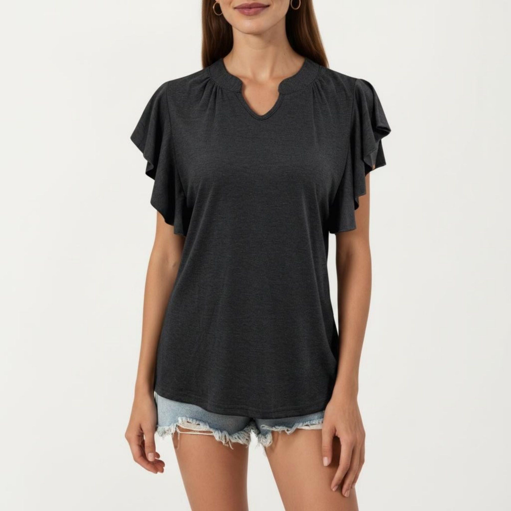 Anna-Kaci Women's Short Sleeve Top with Flutter Ruffle Sleeves and Split V Neck Relaxed Fit Casual Shirt
