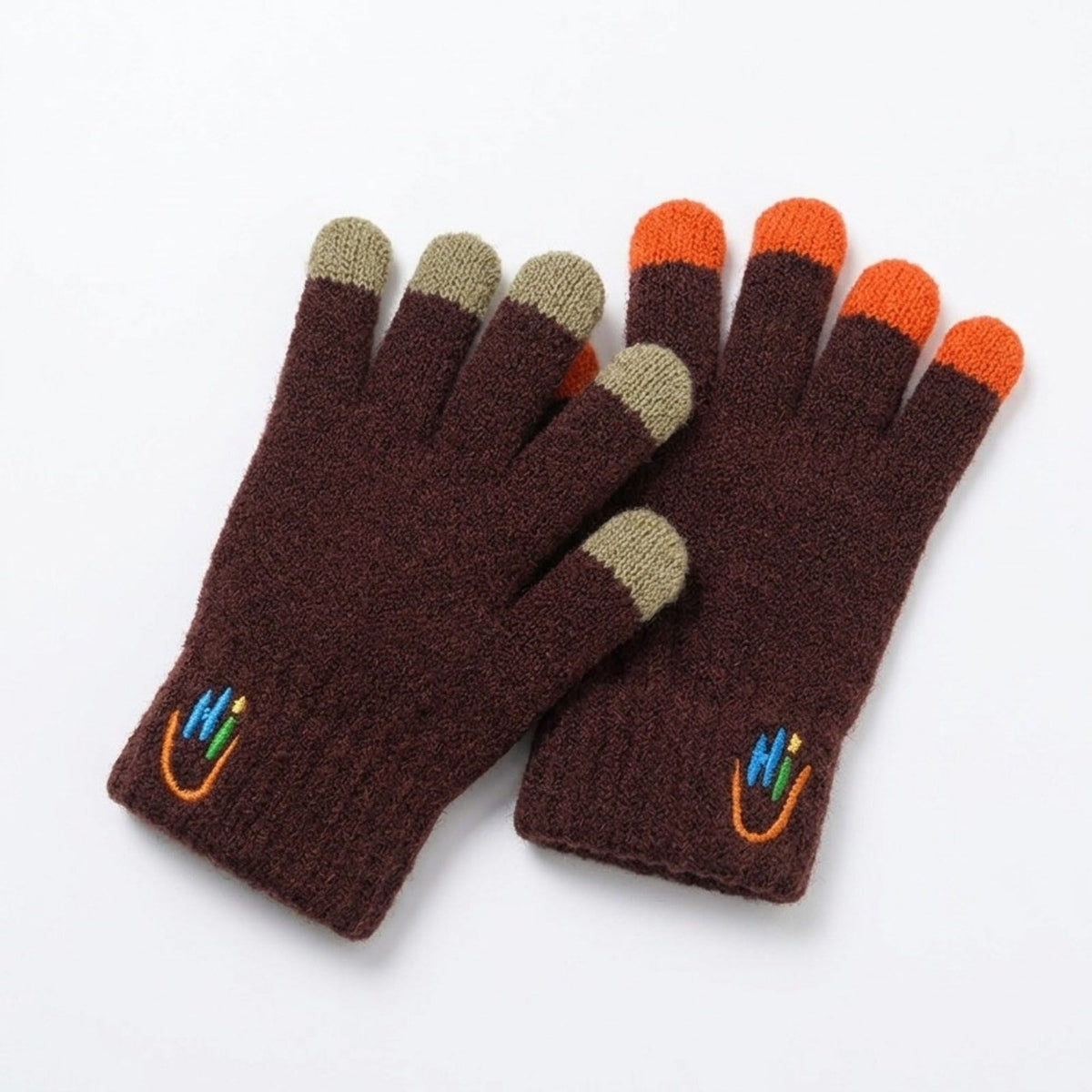 Kids Knit Gloves with Contrast Fingertips and Embroidered Detail 5.3 x 2.5in