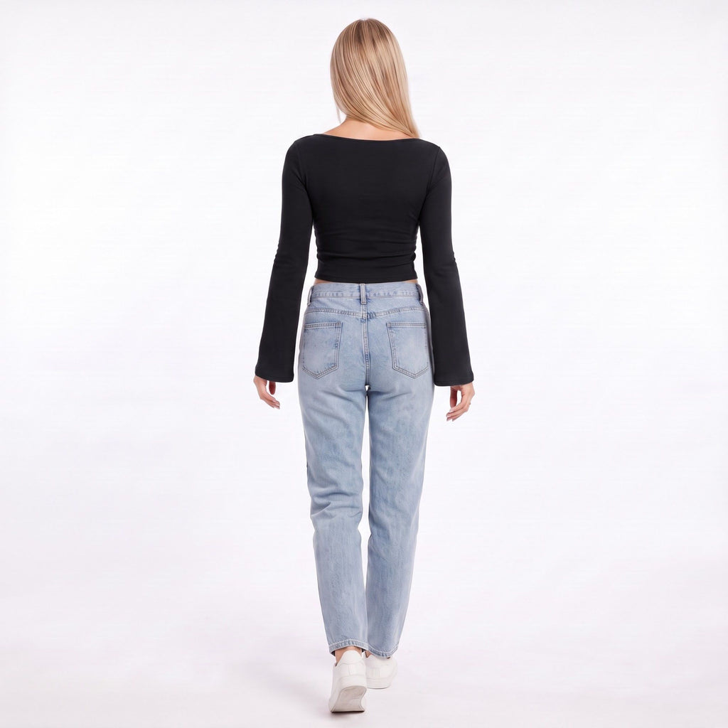 Ribbed Boat Neck Bell Sleeve Crop Top