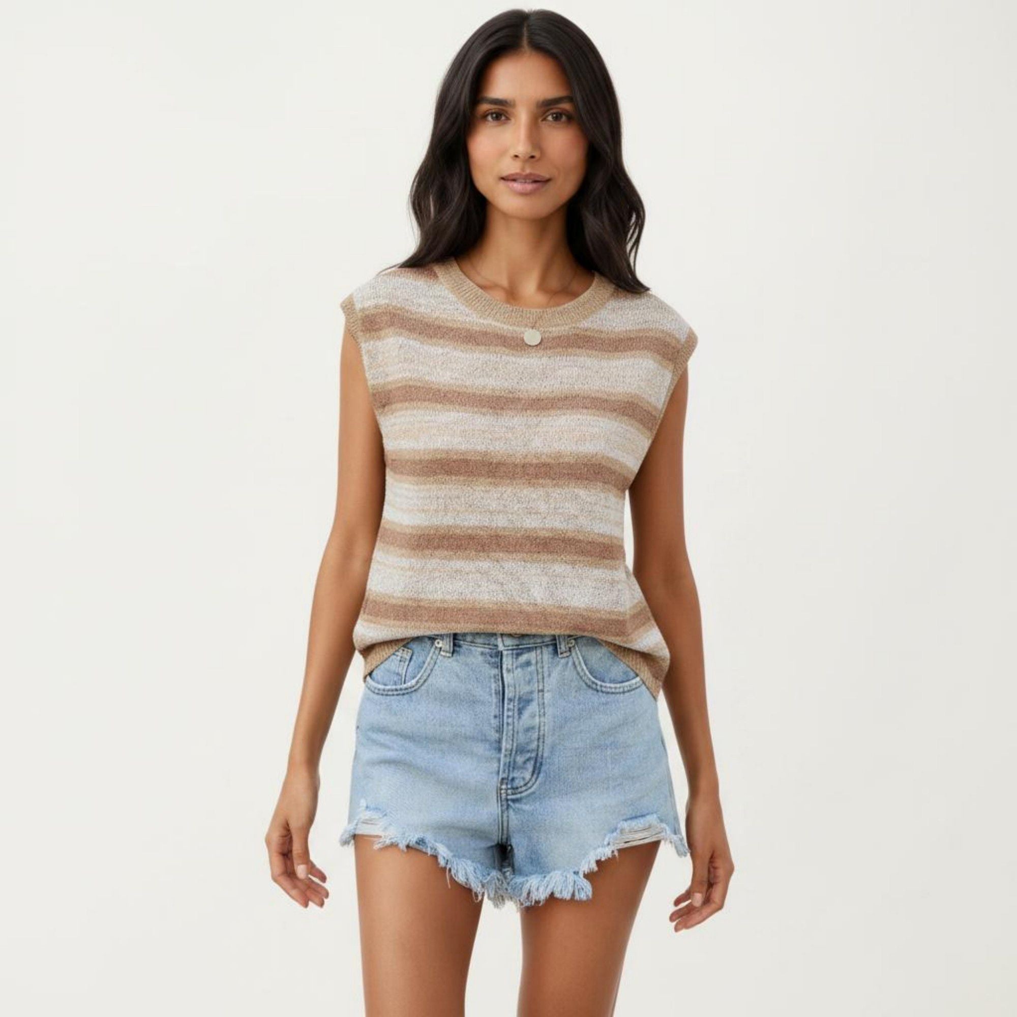 Anna-Kaci Women's Sleeveless Striped Knit Top with Shoulder Button Detail and Relaxed Fit