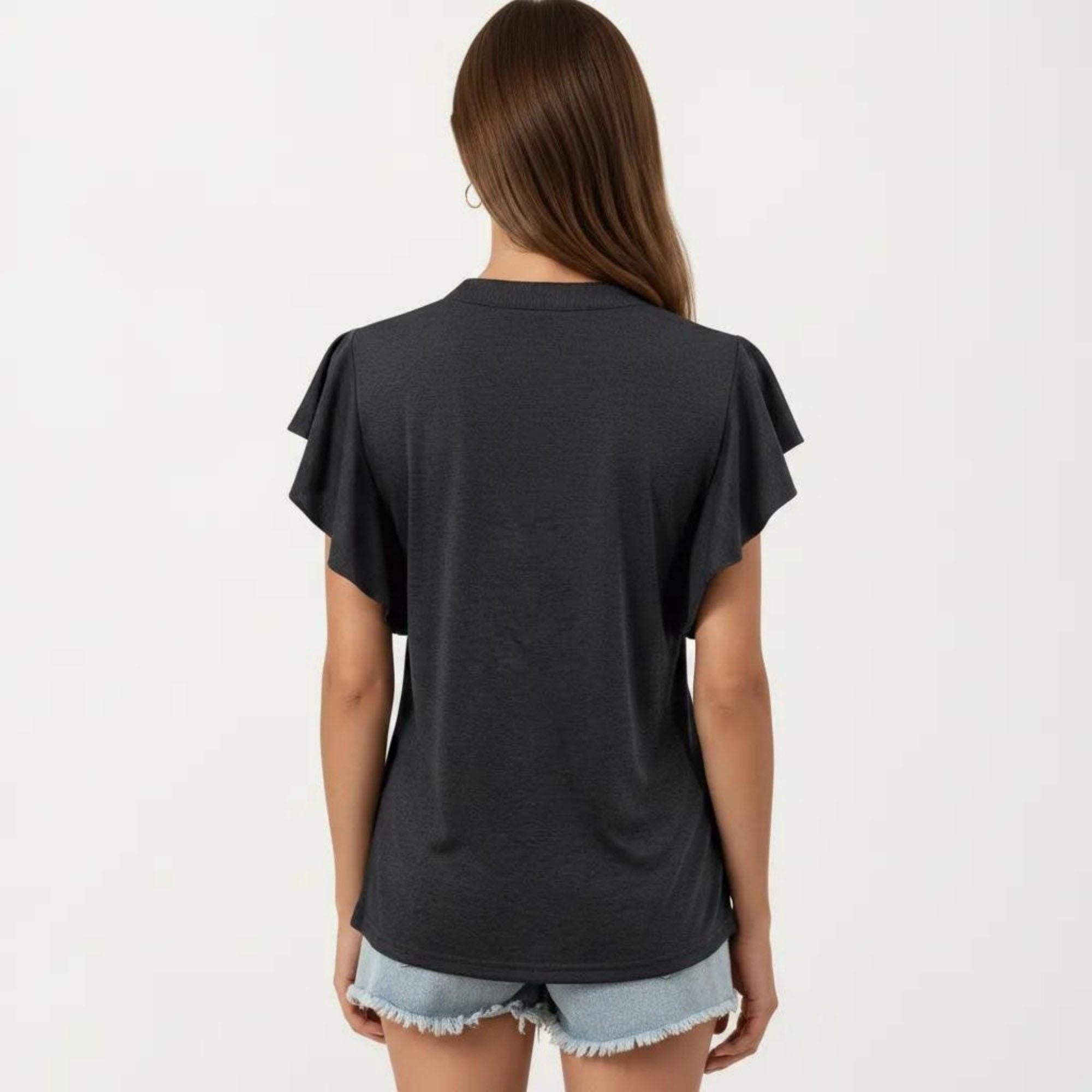 Anna-Kaci Women's Short Sleeve Top with Flutter Ruffle Sleeves and Split V Neck Relaxed Fit Casual Shirt