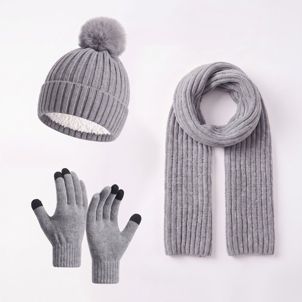 3 Piece Pom Beanie Scarf and Touchscreen Gloves Winter Set
