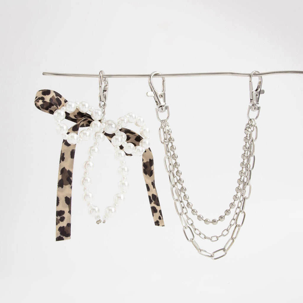 Pearl Bow Chain Bag Charm with Leopard Ribbon Layered Silver Tone Clips for Bags and Jeans