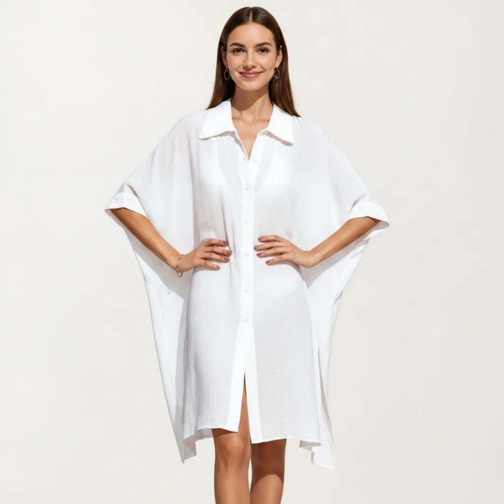 Anna-Kaci Women's Button Front Swim Cover Up Shirt Dress Loose Lightweight Beach Kaftan