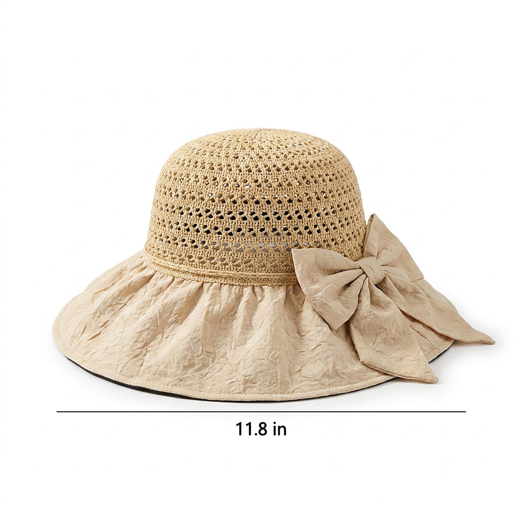 Wide Brim Crochet Sun Hat with Bow Accent and Textured Fabric Brim