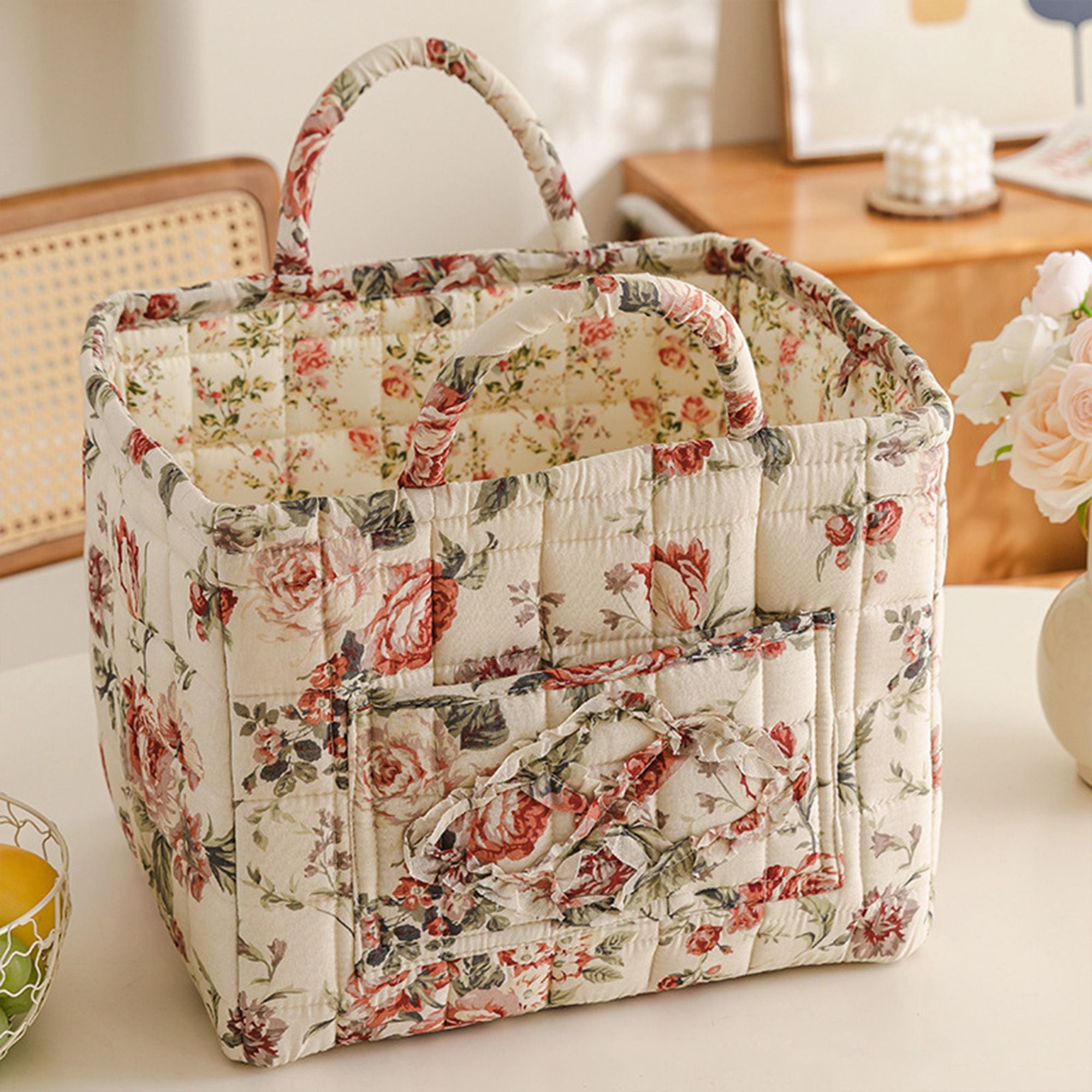 Fabric Storage Basket Quilted Cotton Organizer Bin with Floral Print Decorative Storage
