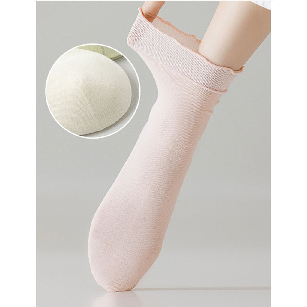 Anna-Kaci 4 Pairs Women's Ruffle Edge Crew Socks Soft Stretch Cotton Blend with High Elastic Cuffs in Assorted Solid Colors