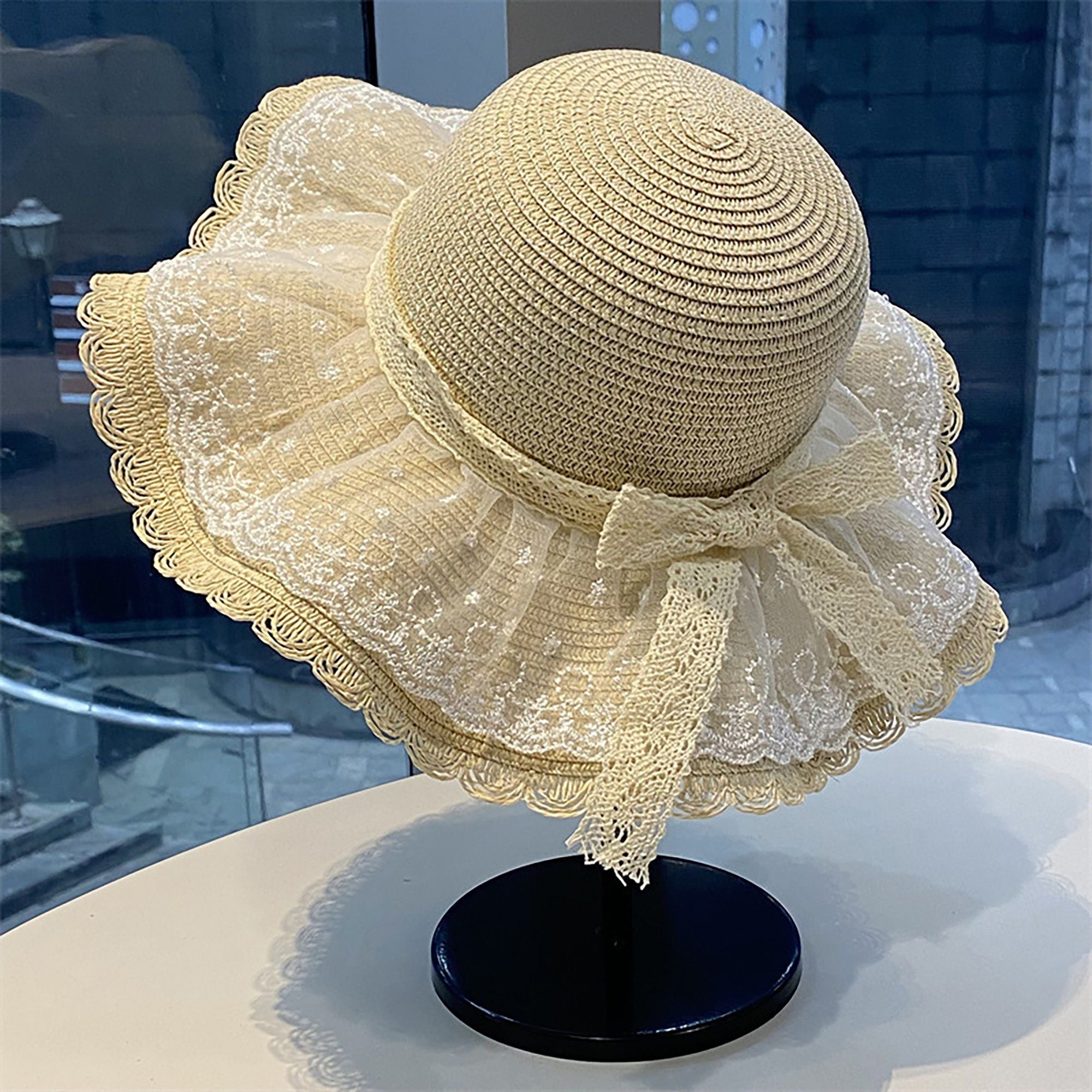 Wide Brim Straw Sun Hat with Sheer Lace Overlay Bow Accent and Scalloped Edge