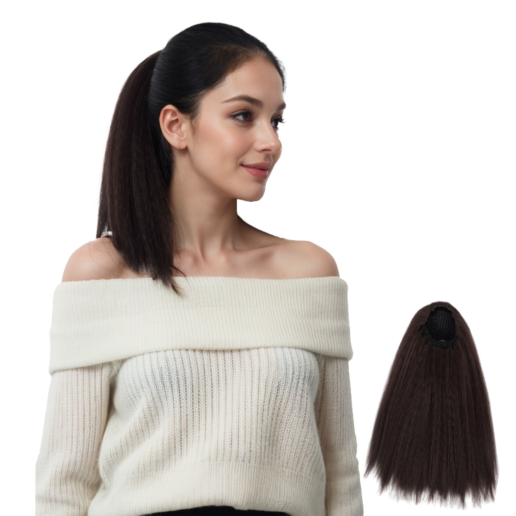 12-Inch Yaki Straight Ponytail Extension Fluffy Thick Drawstring Synthetic Hairpiece with Adjustable Clips for Women