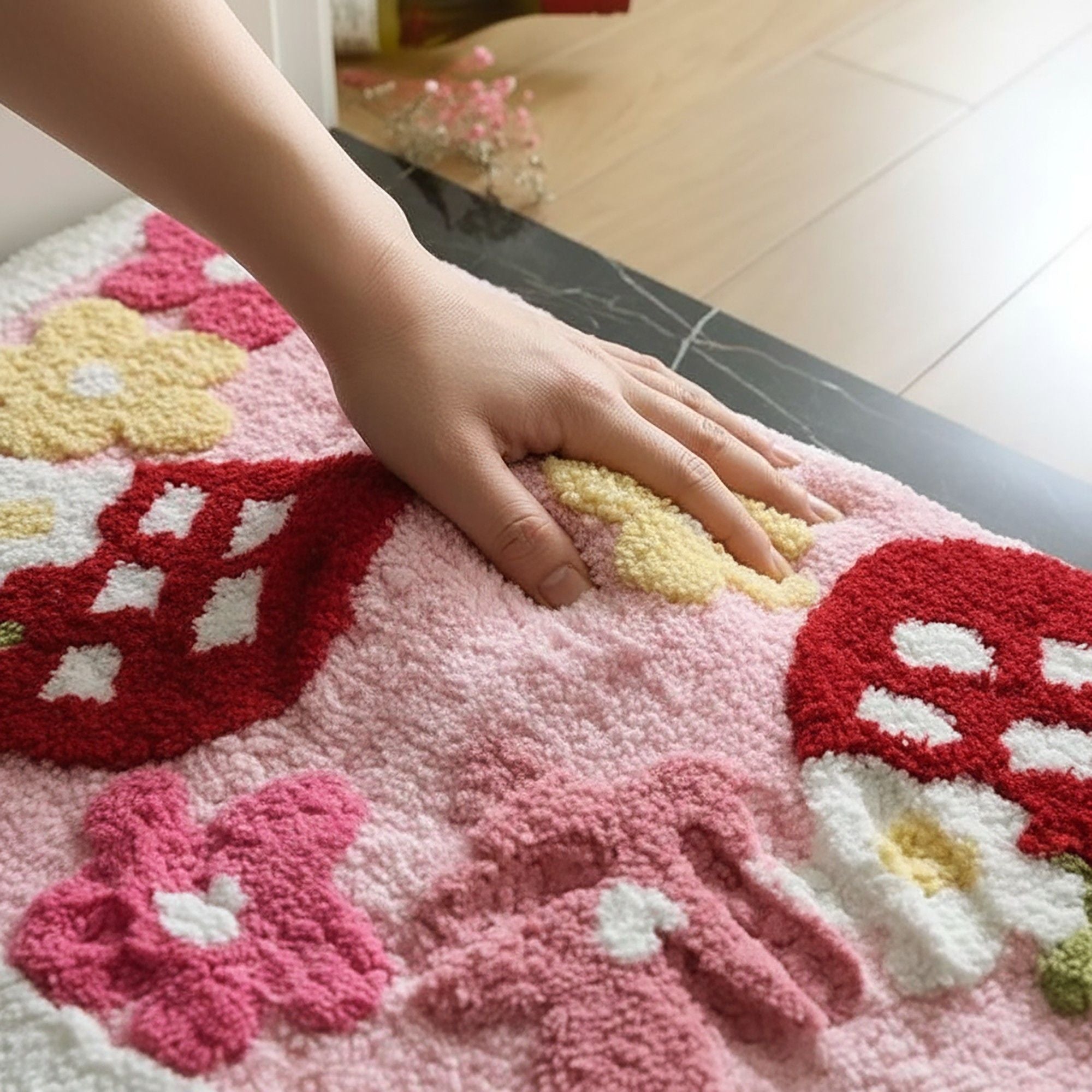 Tufted Floor Mat with Seashell and Starfish Design Non Slip Backing Soft Plush Decorative Entryway Rug