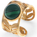 Women's Wide Statement Ring Gold Tone with Round Stone Marble-Like Stone and Textured Details