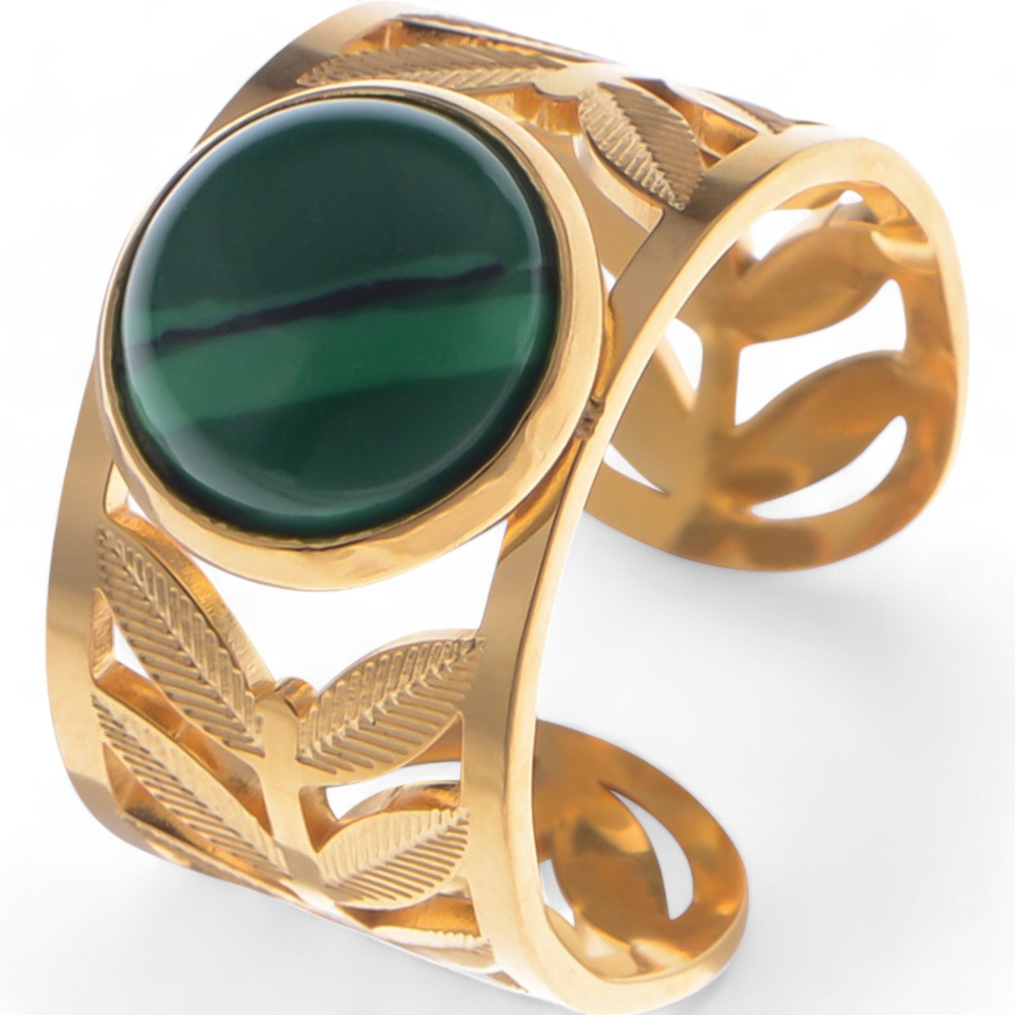 Women's Wide Statement Ring Gold Tone with Round Stone Marble-Like Stone and Textured Details