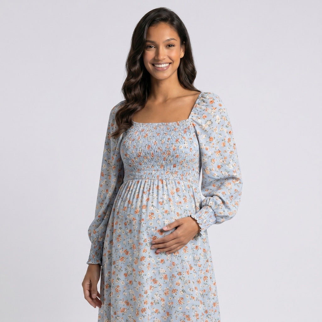 Anna-Kaci Women's Maternity Floral Square Neck Midi Dress with Long Sleeves and Smocked Bodice
