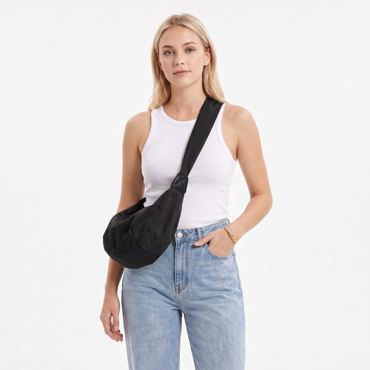 Nylon Crescent Shoulder Bag with Adjustable Strap and Double Zip Closure