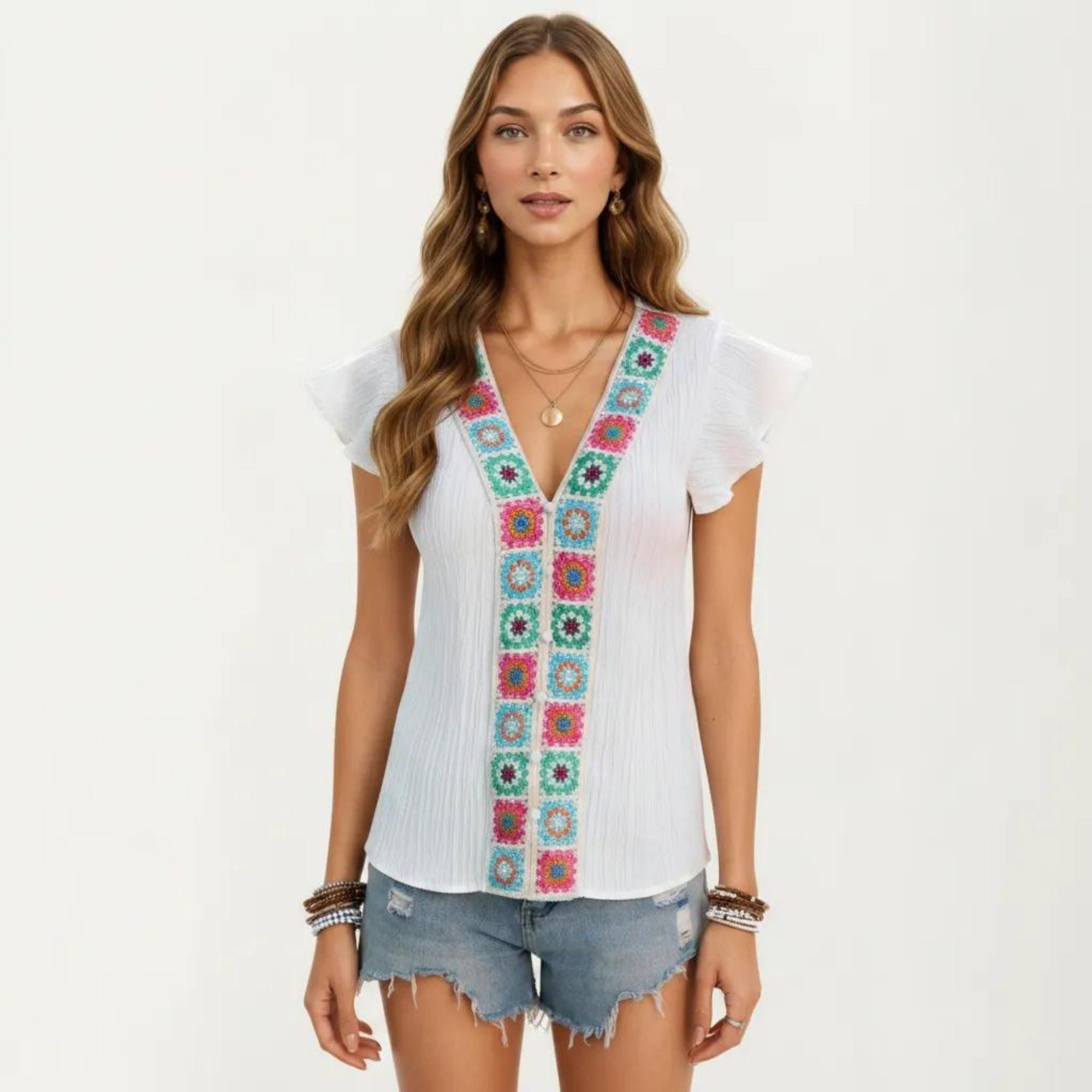 Anna-Kaci Women's Boho Embroidered V-Neck Flutter Sleeve Textured Blouse