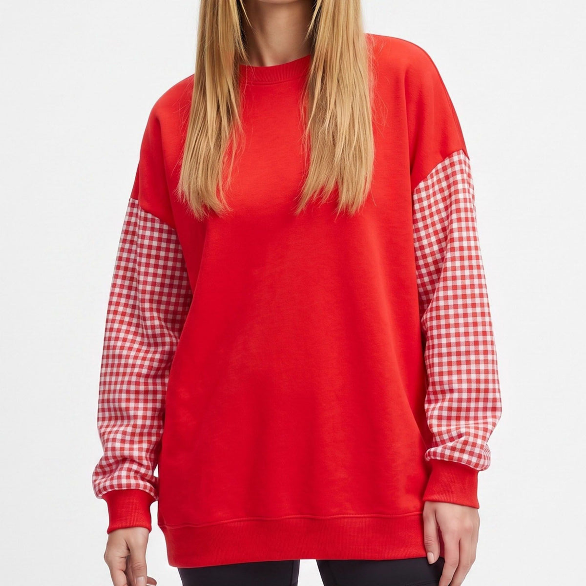 Plaid Sleeve Crew Neck Long Sleeve Pullover Sweatshirt