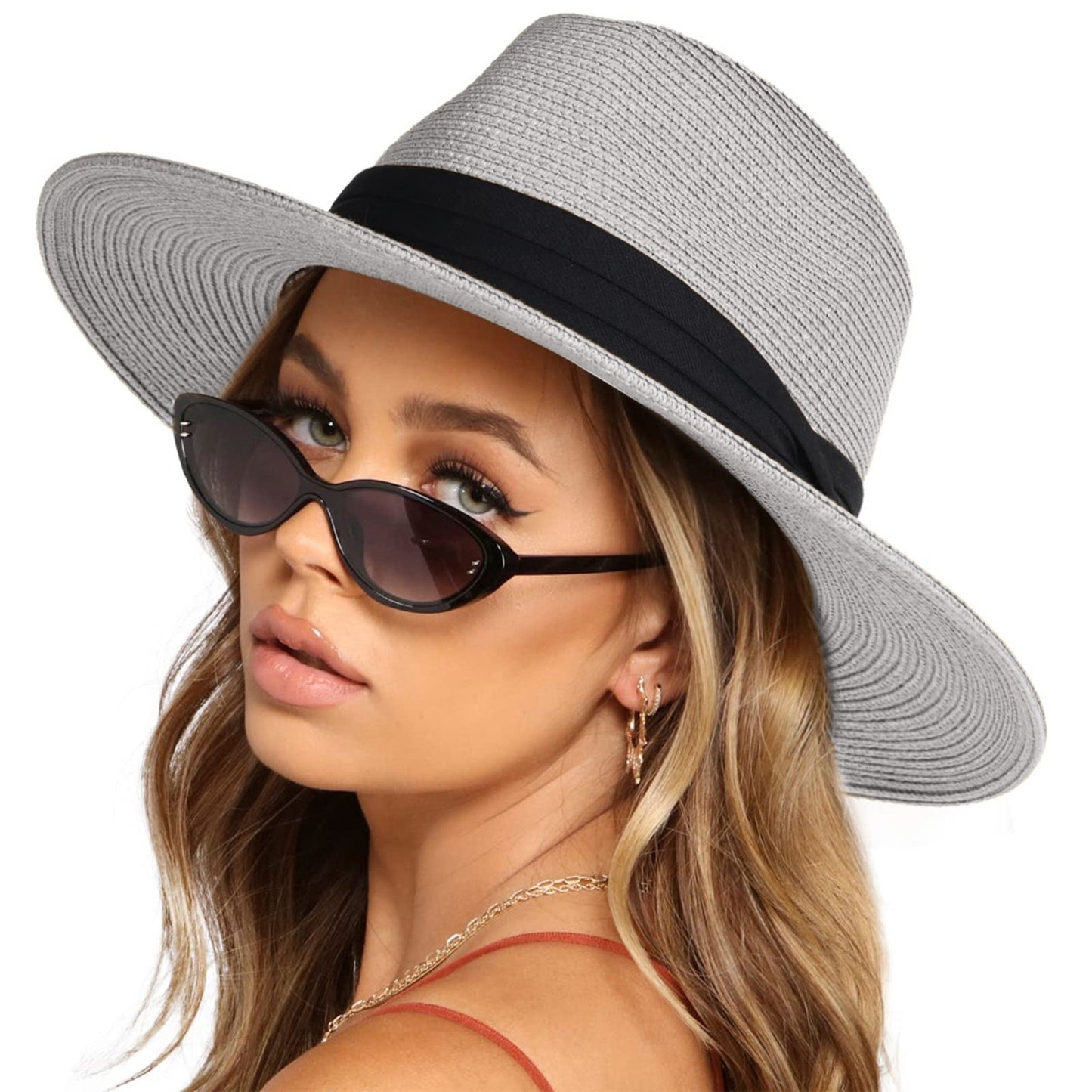 Anna-Kaci Wide Brim Straw Fedora Sun Hat with Black Band Lightweight Packable Summer Panama Hat for UV Protection