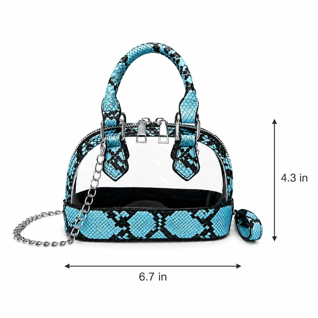 Clear PVC Mini Crossbody Satchel Bag with Print Trim and Chain Strap