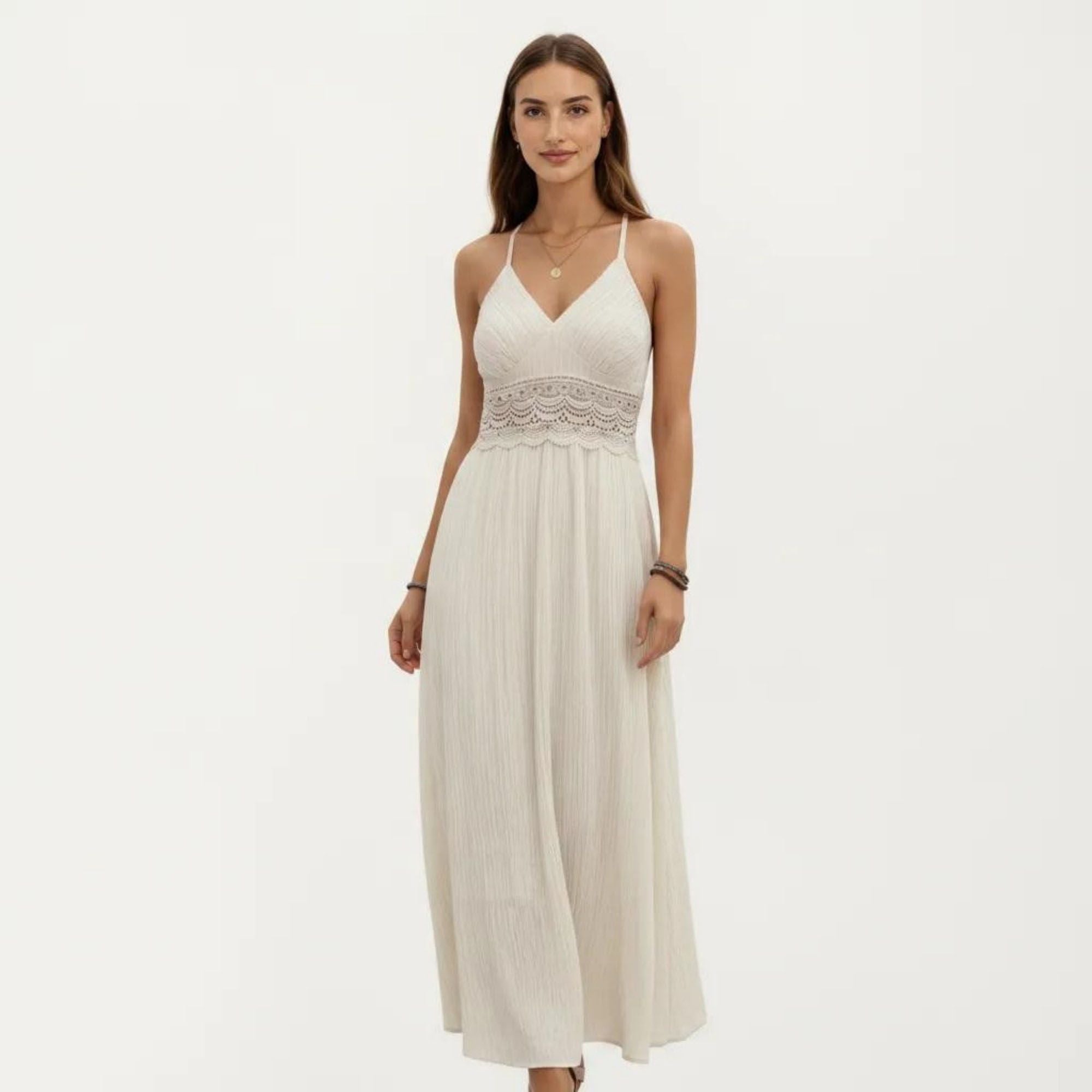 Anna-Kaci Women's Sleeveless Maxi Dress with Lace Waist Detail Adjustable Straps Flowy Long Skirt Design
