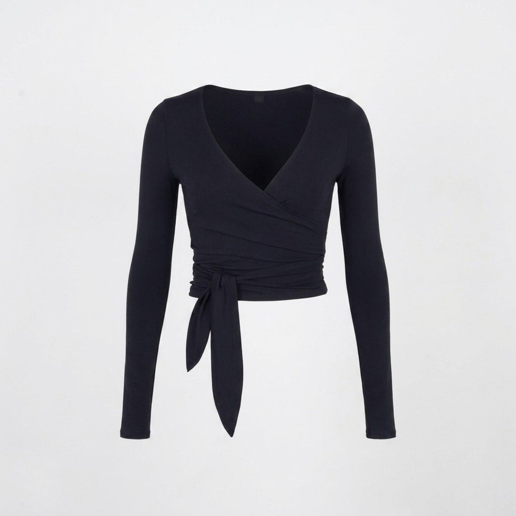 Anna-Kaci Active Womens Long Sleeve Wrap Crop Top with V Neckline Side Tie Waist Smooth Stretch Knit and Fitted Silhouette