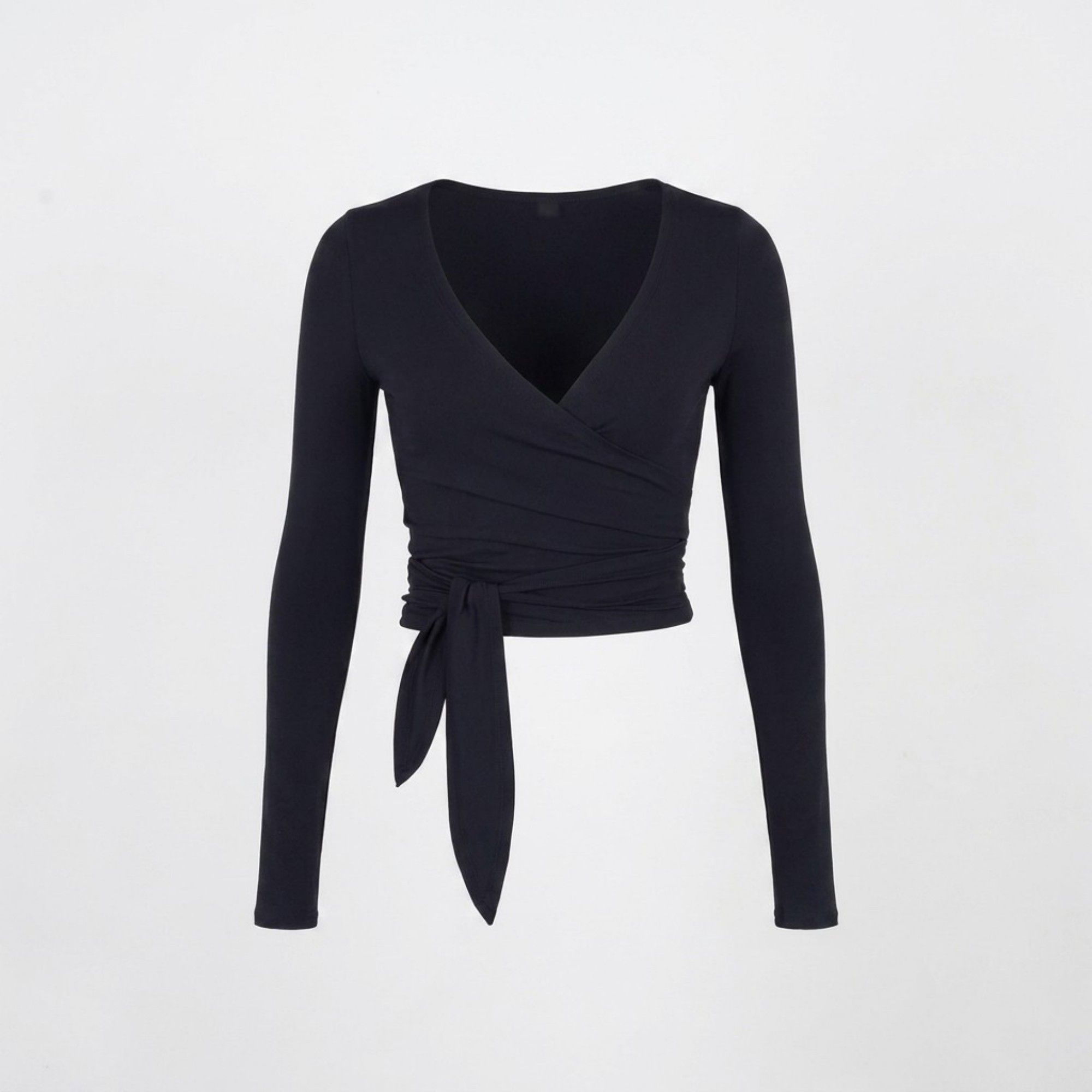 Anna-Kaci Active Womens Long Sleeve Wrap Crop Top with V Neckline Side Tie Waist Smooth Stretch Knit and Fitted Silhouette