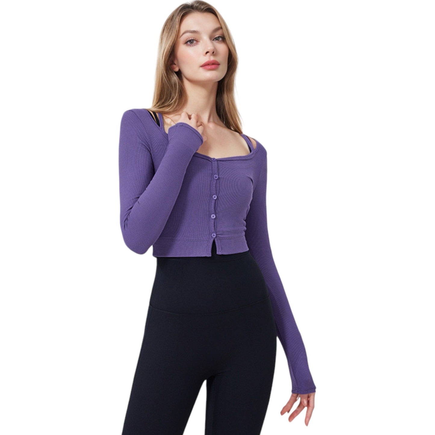 Cropped Button-Up Ribbed Long Sleeve Top with Scoop Neckline