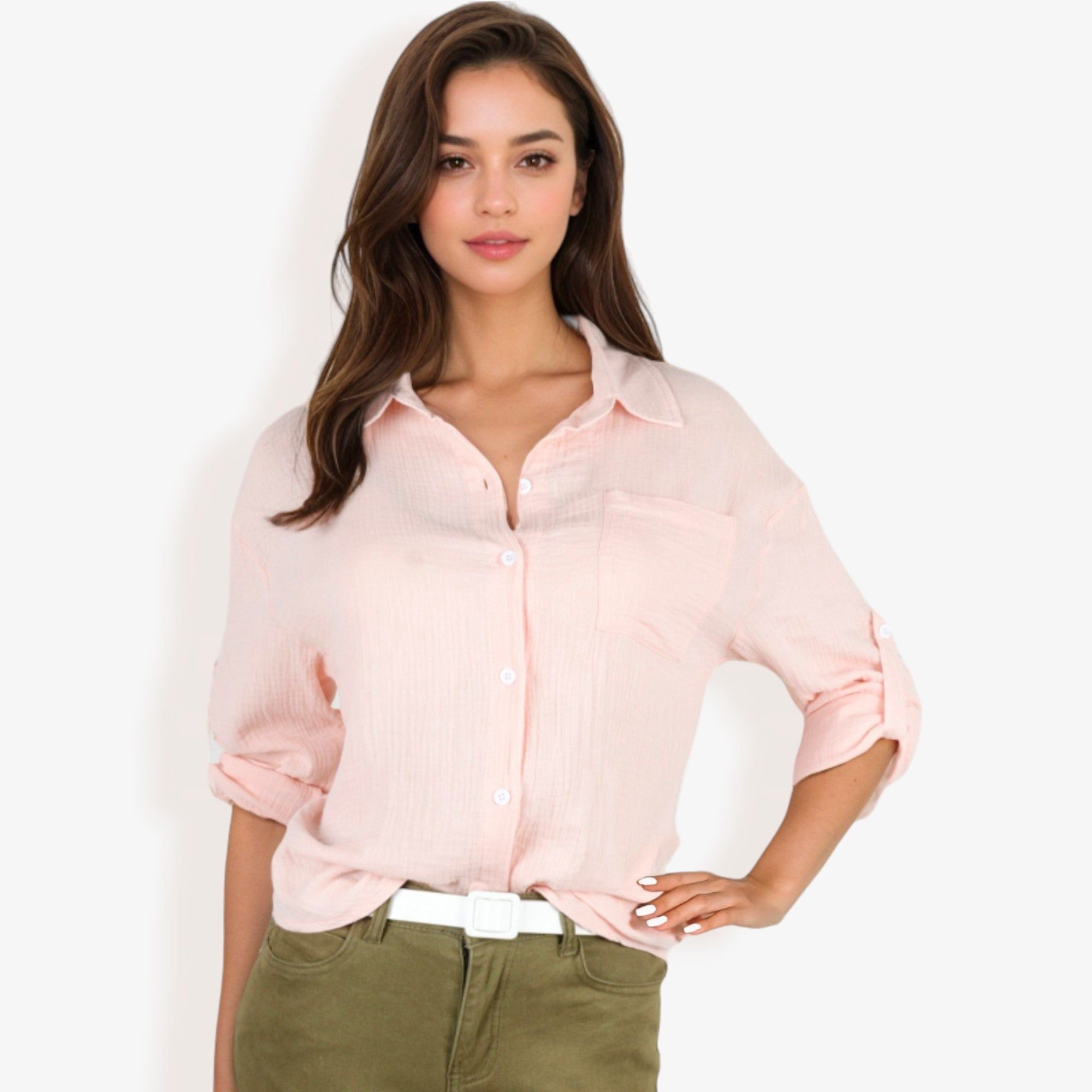 Camisa de gasa texturizada con botones y manga larga para mujer de Anna-Kaci con bolsillo en el pecho