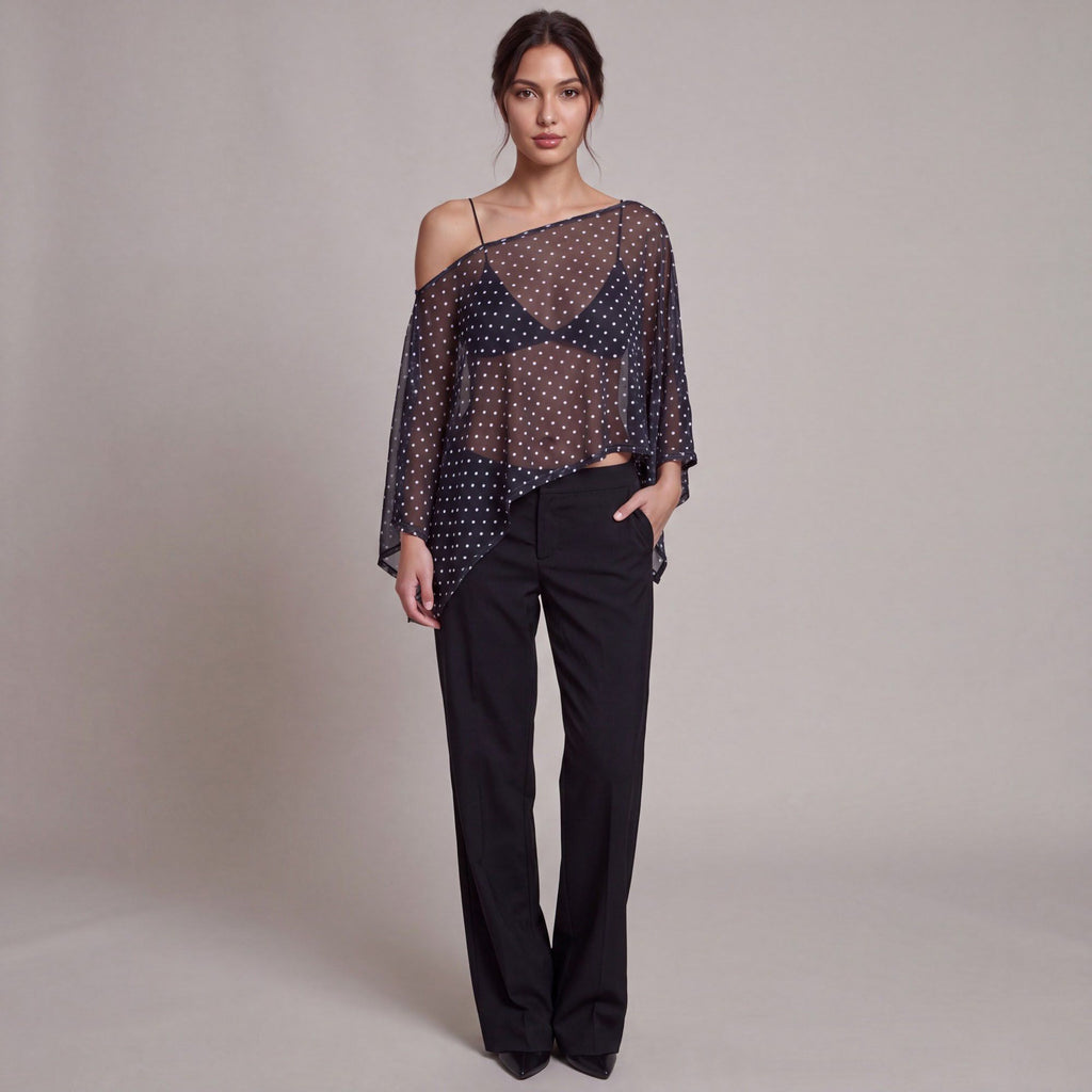 Sheer Polka Dot Asymmetrical Poncho Blouse with Off Shoulder Neckline Flowy Fit and Three Quarter Sleeves