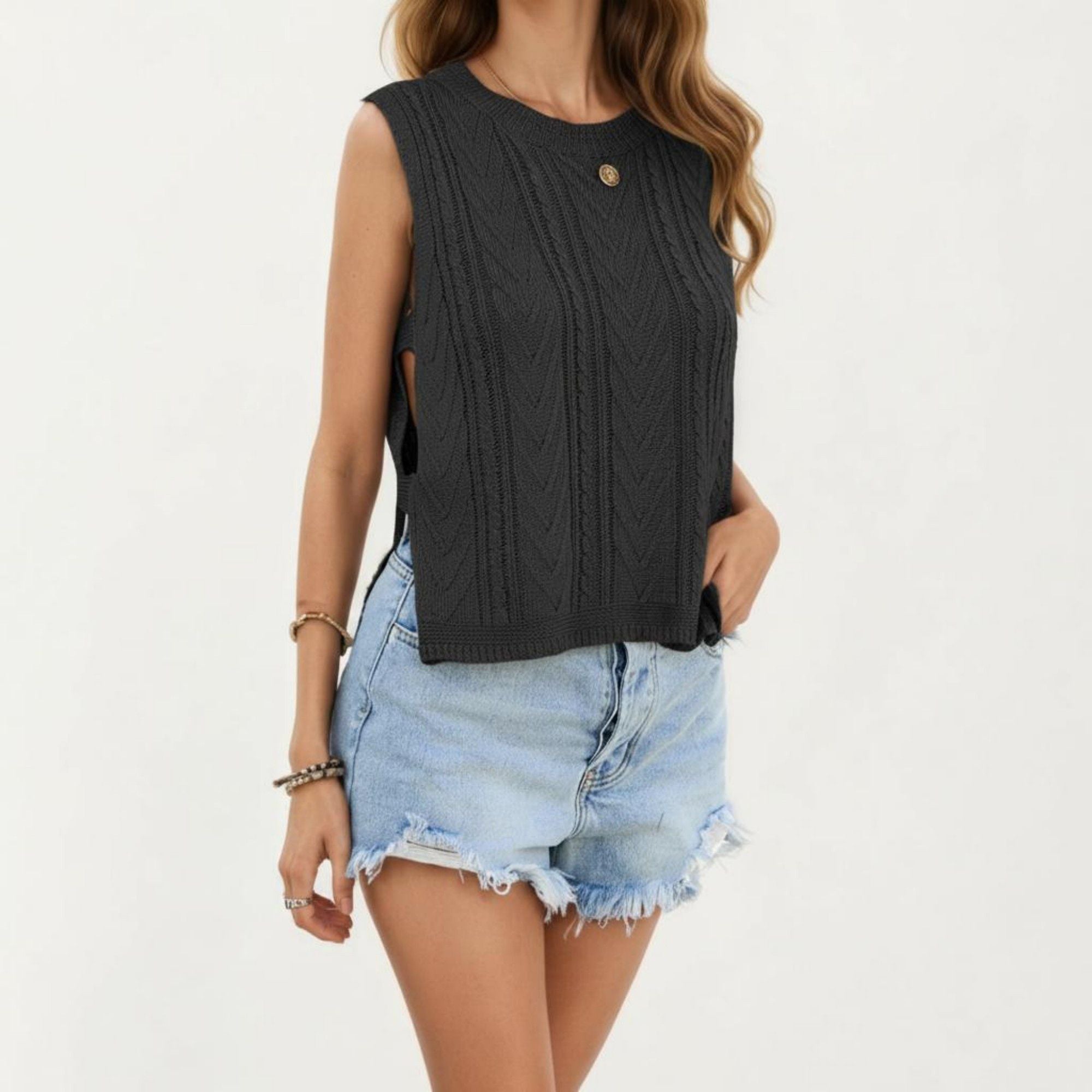 Anna-Kaci Women's Sleeveless Cable Knit Top with Crew Neck and Ribbed Hem