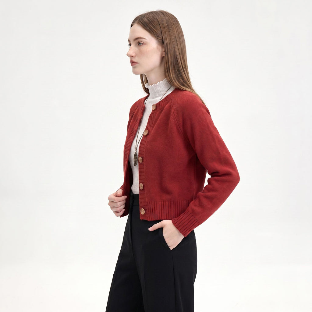 Cropped Crewneck Button-Front Cardigan Sweater