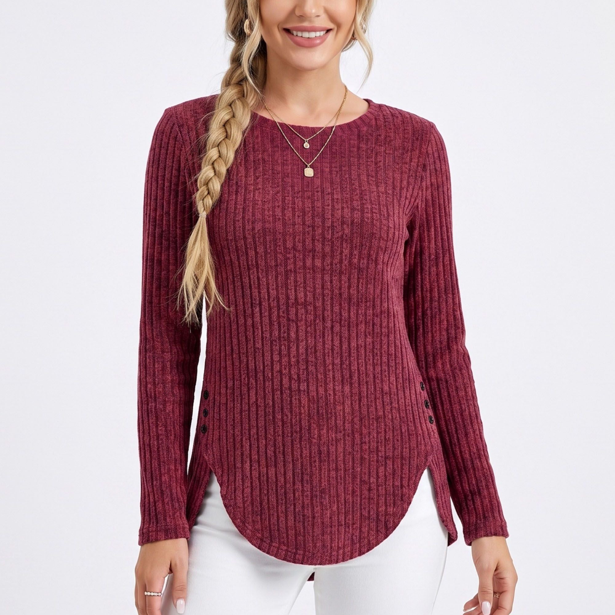 Ribbed Crew Neck Side Slit Long Sleeve Tunic Top