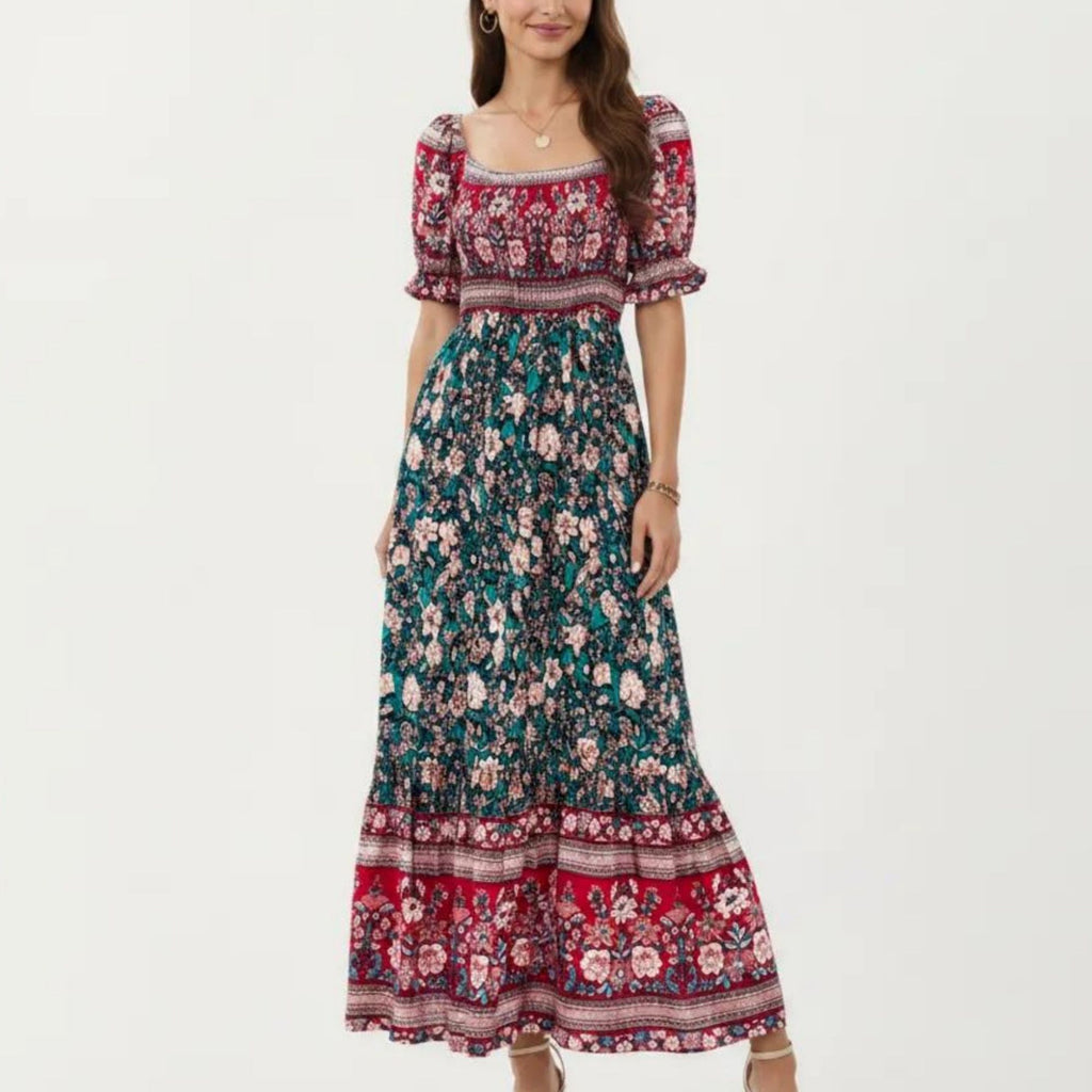 Anna-Kaci Women's Puff Sleeve Maxi Dress with Mixed Floral Print and Border Hem